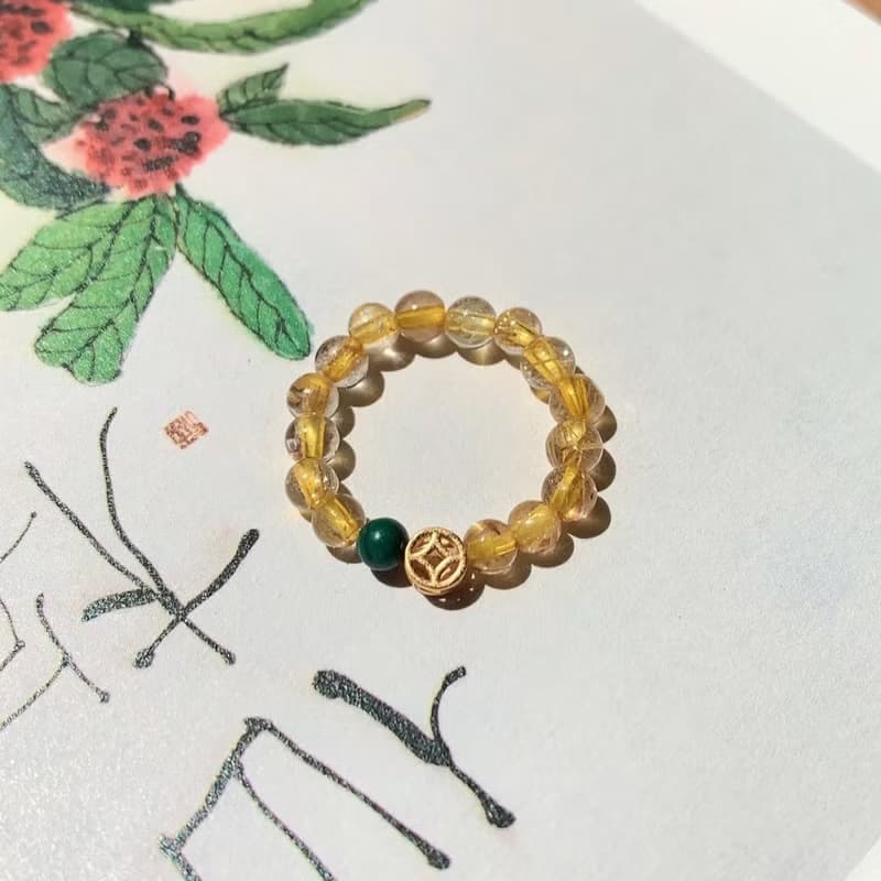 原創手工天然金發晶天然干青戒指s925銀小銅錢招財戒指好運禮物