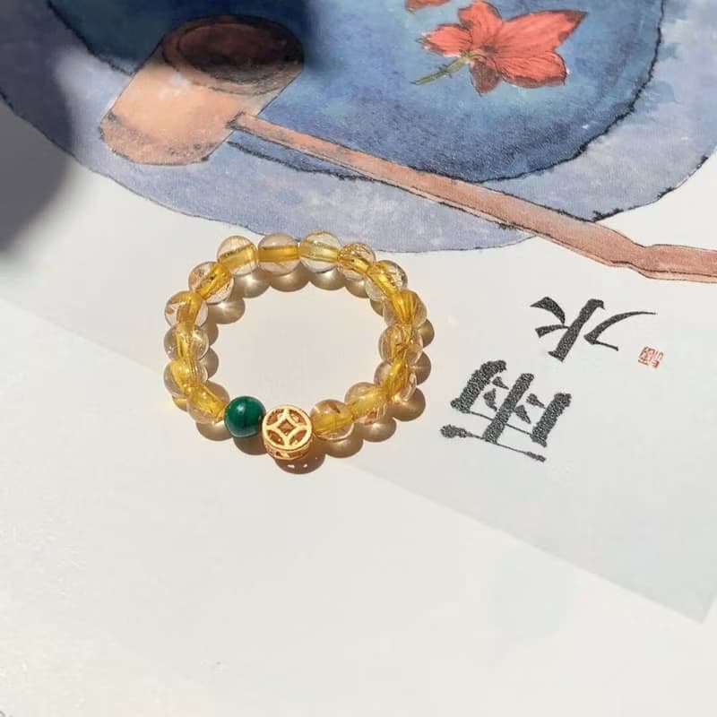 原創手工天然金發晶天然干青戒指s925銀小銅錢招財戒指好運禮物