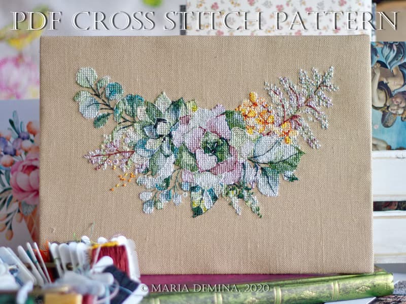 【數位】Watercolor Green Bouquet II - PDF cross stitch pattern