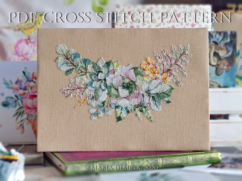 【數位】Watercolor Green Bouquet II - PDF cross stitch pattern