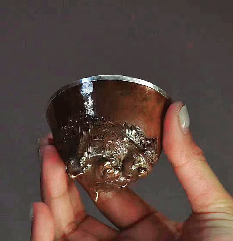 手工純銀膽覆銅精雕獸首杯