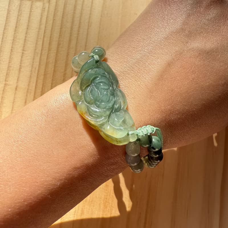Handmade Jade Bracelet - Forest Green Rose Semi-Bangle Bracelet