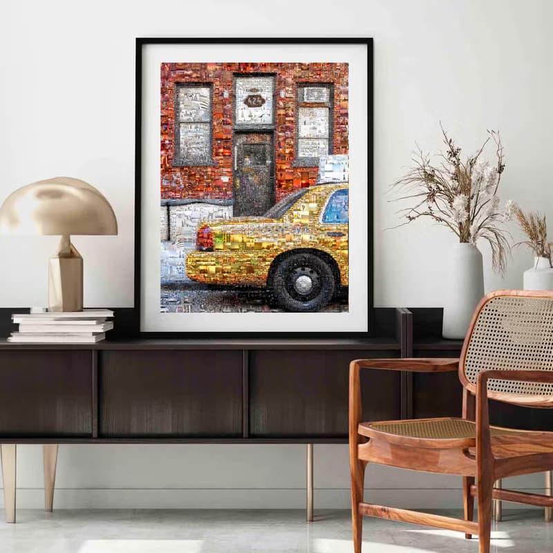 Iconic NYC Yellow Cab Urban Wall Art Red Brick Street Photography