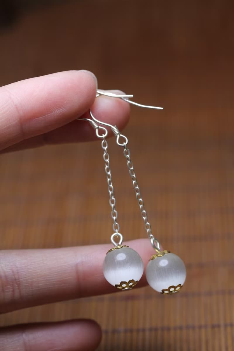 長款白貓眼石  耳環女氣質 仙女款貓眼石  簡約小巧耳墜