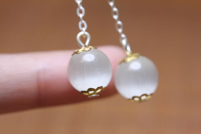 長款白貓眼石  耳環女氣質 仙女款貓眼石  簡約小巧耳墜