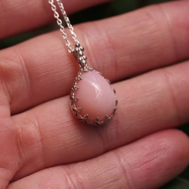 天然粉紅蛋白石 純銀手工項鍊 Pink Opal handmade Silver
