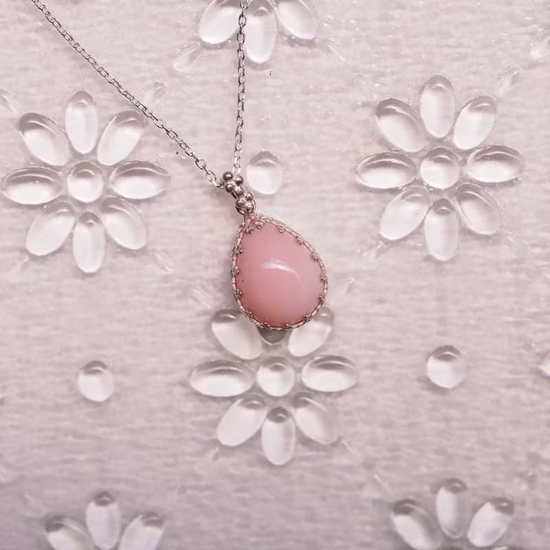 天然粉紅蛋白石 純銀手工項鍊 Pink Opal handmade Silver