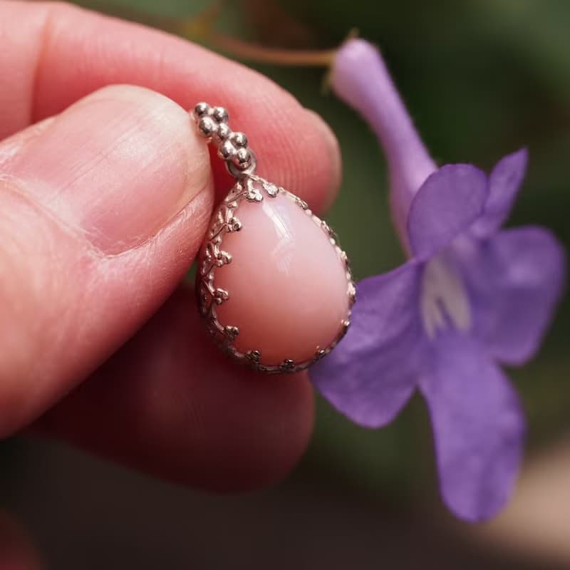 天然粉紅蛋白石 純銀手工項鍊 Pink Opal handmade Silver