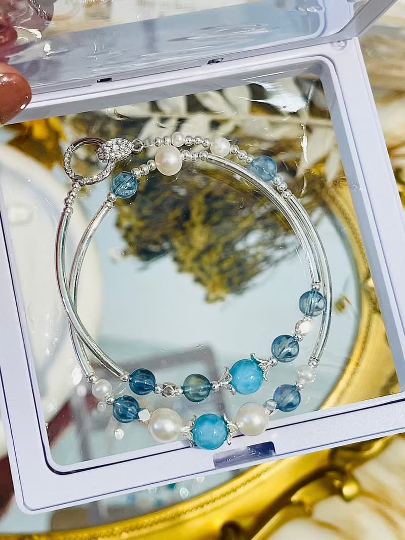 天然海紋石拉利瑪海藍寶珍珠雙圈設計款手鍊