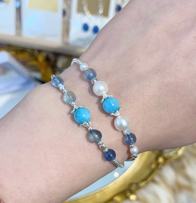 天然海紋石拉利瑪海藍寶珍珠雙圈設計款手鍊