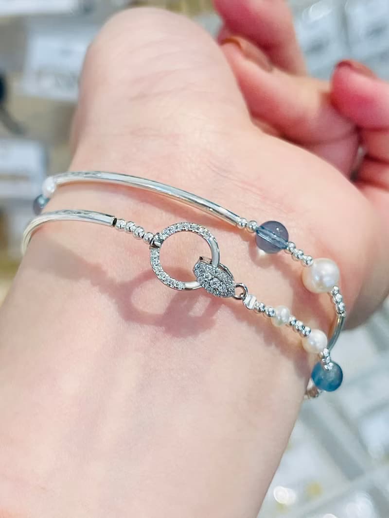 天然海紋石拉利瑪海藍寶珍珠雙圈設計款手鍊