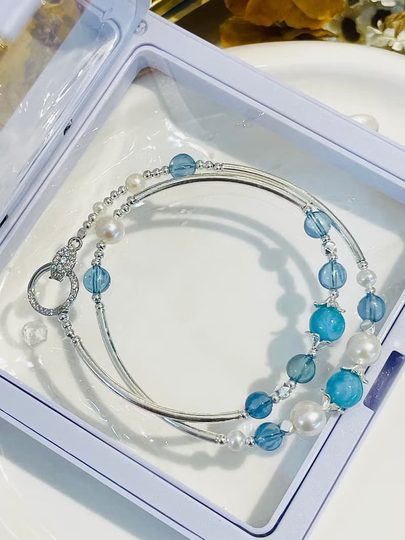 天然海紋石拉利瑪海藍寶珍珠雙圈設計款手鍊