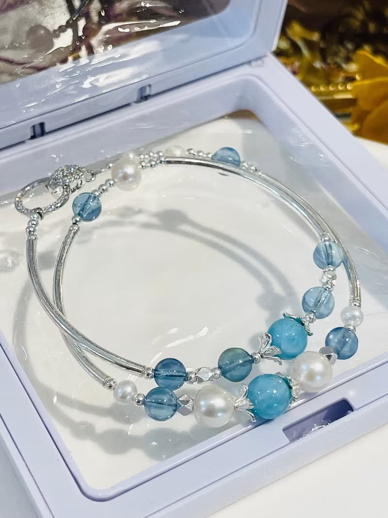 天然海紋石拉利瑪海藍寶珍珠雙圈設計款手鍊