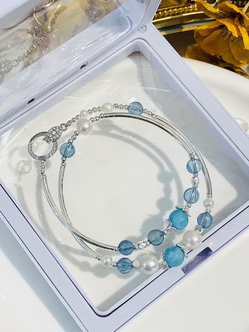 天然海紋石拉利瑪海藍寶珍珠雙圈設計款手鍊