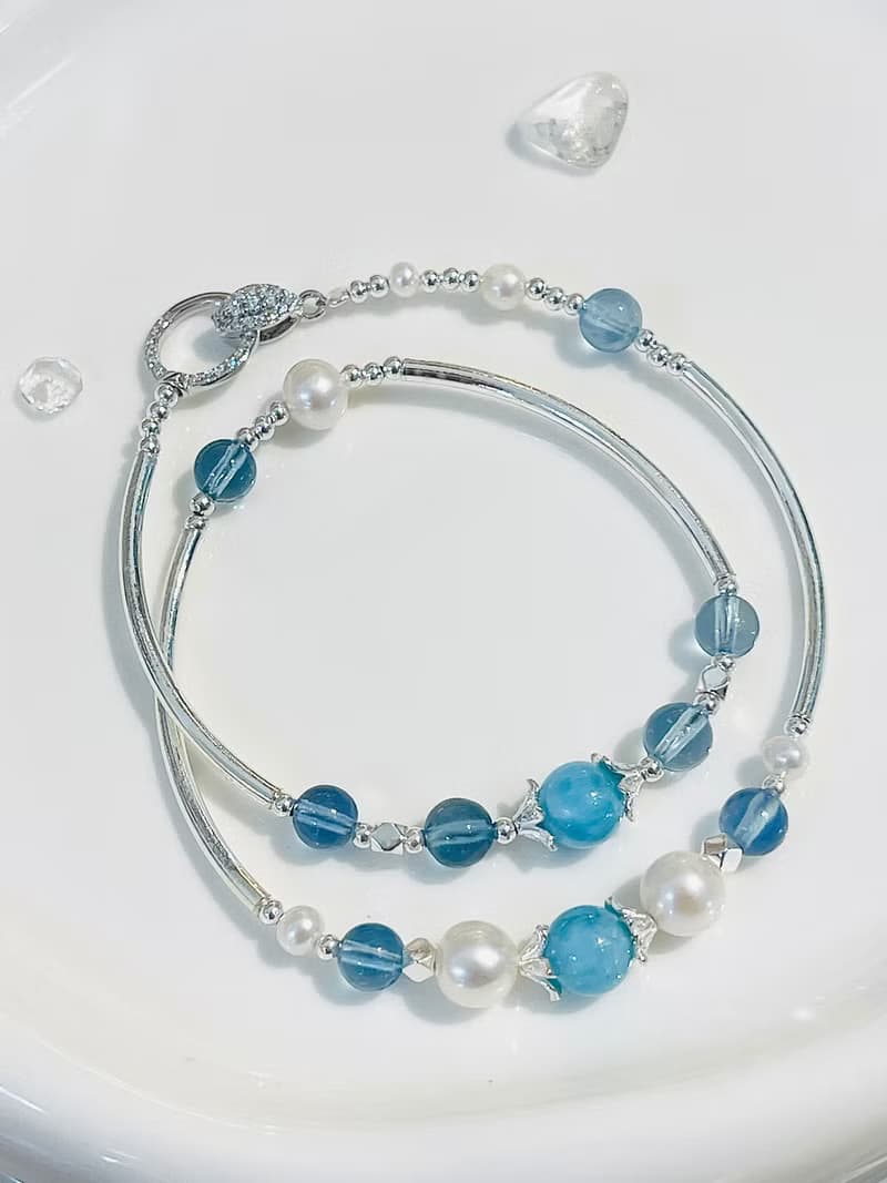 天然海紋石拉利瑪海藍寶珍珠雙圈設計款手鍊