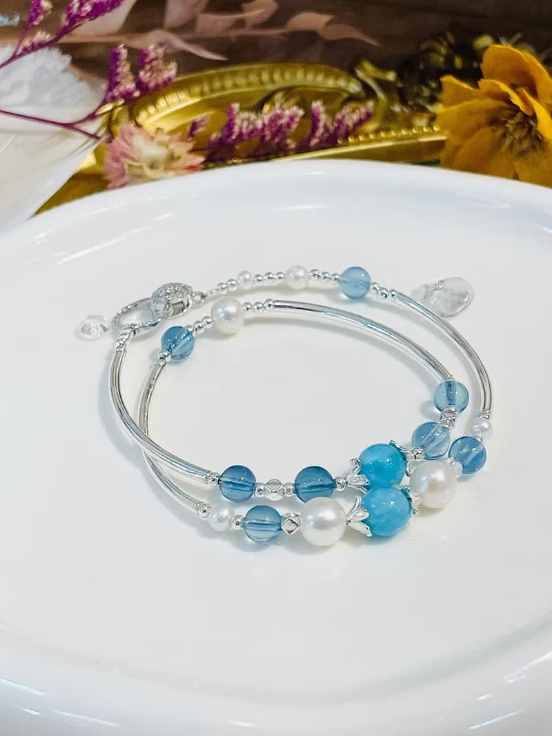 天然海紋石拉利瑪海藍寶珍珠雙圈設計款手鍊