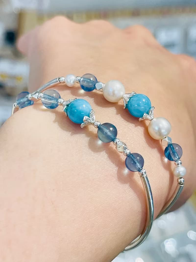 天然海紋石拉利瑪海藍寶珍珠雙圈設計款手鍊