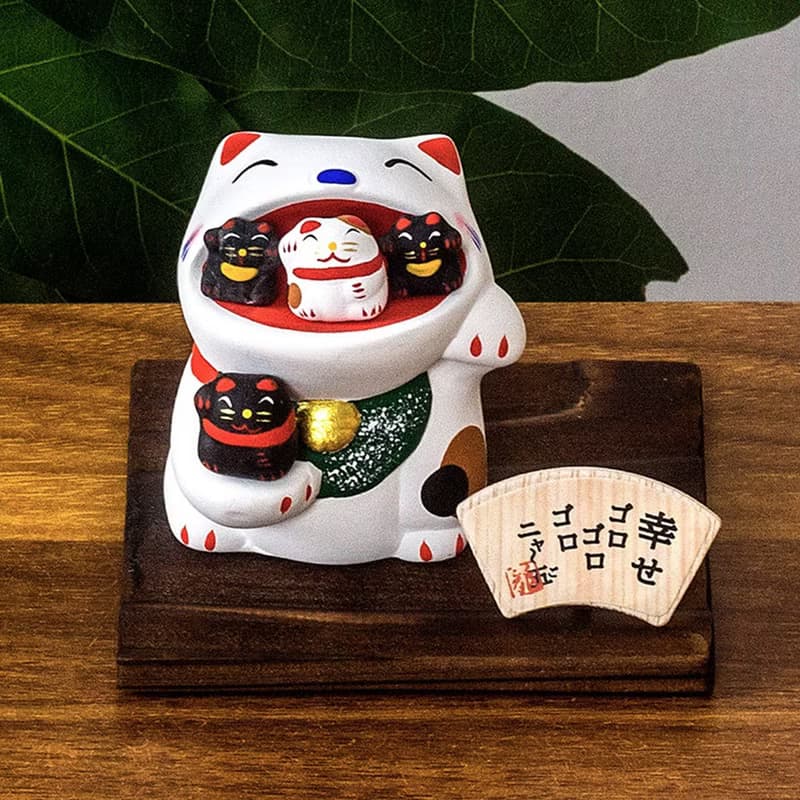 日本龍虎作幸福大嘴親子貓 開運招福招財貓 陶瓷創意擺件生日禮物