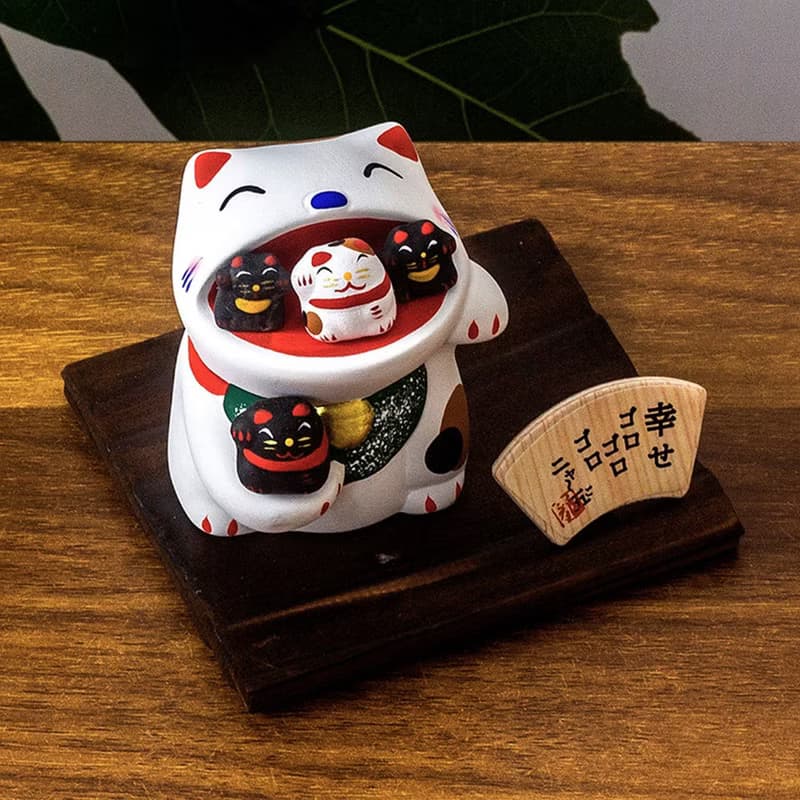 日本龍虎作幸福大嘴親子貓 開運招福招財貓 陶瓷創意擺件生日禮物