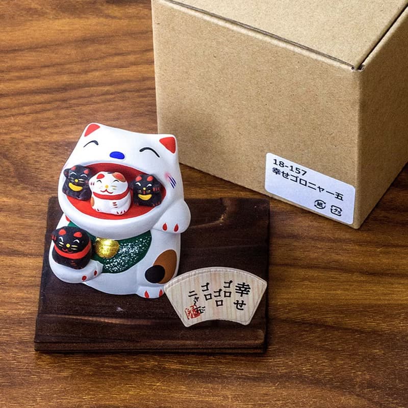 日本龍虎作幸福大嘴親子貓 開運招福招財貓 陶瓷創意擺件生日禮物
