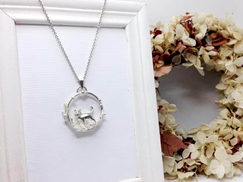 貓奴 生日 週年 愛情 情人節禮物 手工訂作 純銀花圈走路貓項鍊