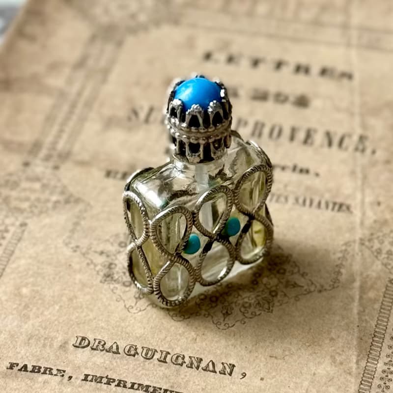 50749-絕美法國古董純銀綠松石香水瓶