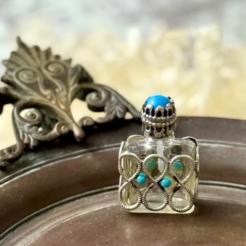 50749-絕美法國古董純銀綠松石香水瓶