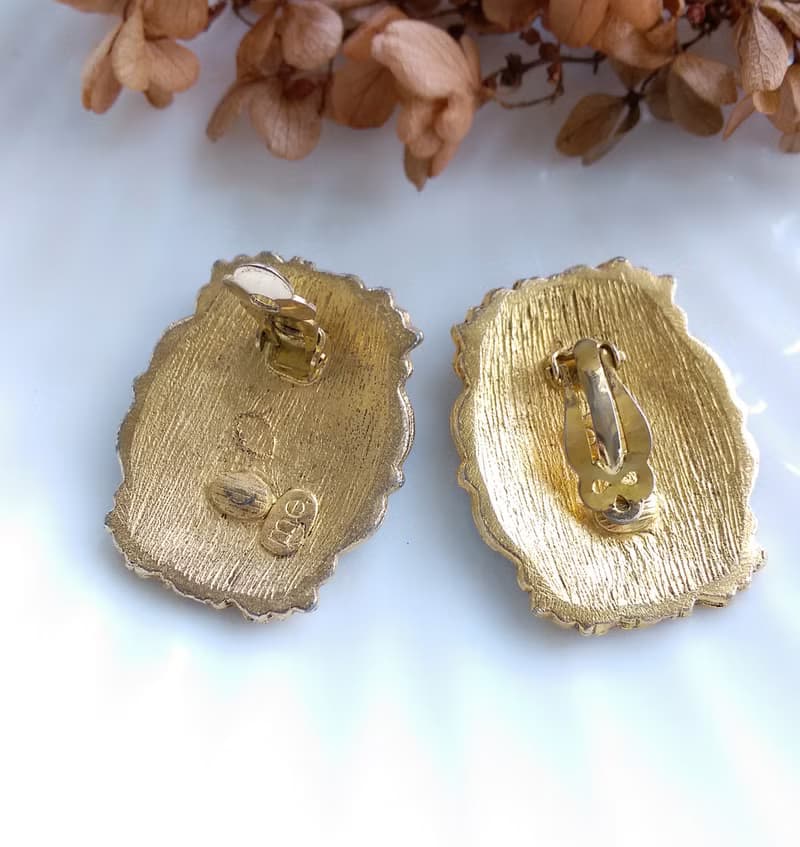 Vintage Jewelry 西洋古董飾品繁複 雕紋蕾絲新藝術風格 夾式耳環