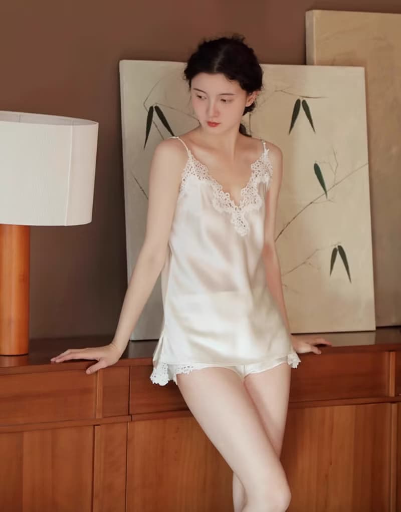 法式復古 蕾絲純欲桑蠶絲睡衣套裝
