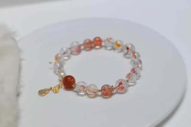 開運招財水晶手鏈 原創天然錦鯉膠花手鏈搭配金太陽淡水珍珠葫蘆