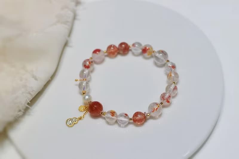 開運招財水晶手鏈 原創天然錦鯉膠花手鏈搭配金太陽淡水珍珠葫蘆