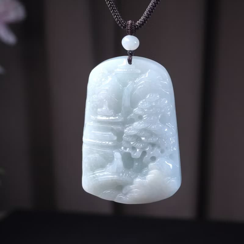 白翡翡翠精雕山水牌項鍊 | 天然緬甸玉翡翠A貨 | 送禮