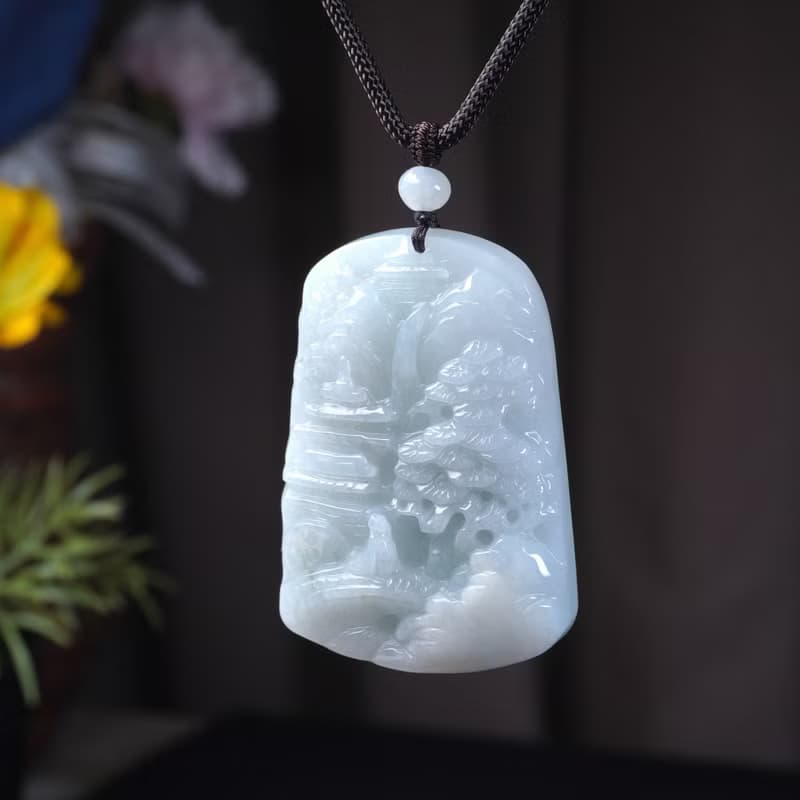 白翡翡翠精雕山水牌項鍊 | 天然緬甸玉翡翠A貨 | 送禮