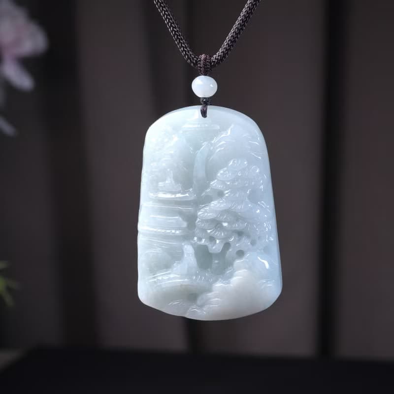 白翡翡翠精雕山水牌項鍊 | 天然緬甸玉翡翠A貨 | 送禮
