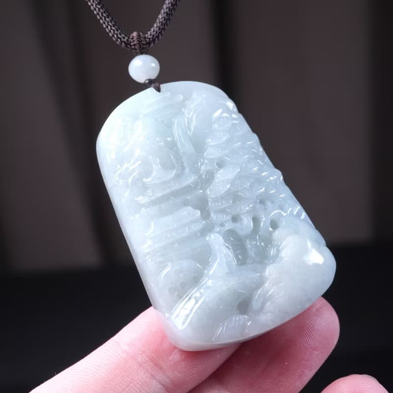 白翡翡翠精雕山水牌項鍊 | 天然緬甸玉翡翠A貨 | 送禮