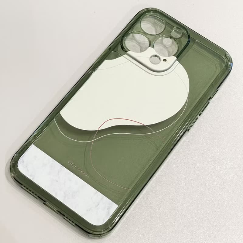 iPhone 15全包透明橄欖綠|抽象不規則粉黃色大理石圖案|防摔軟手