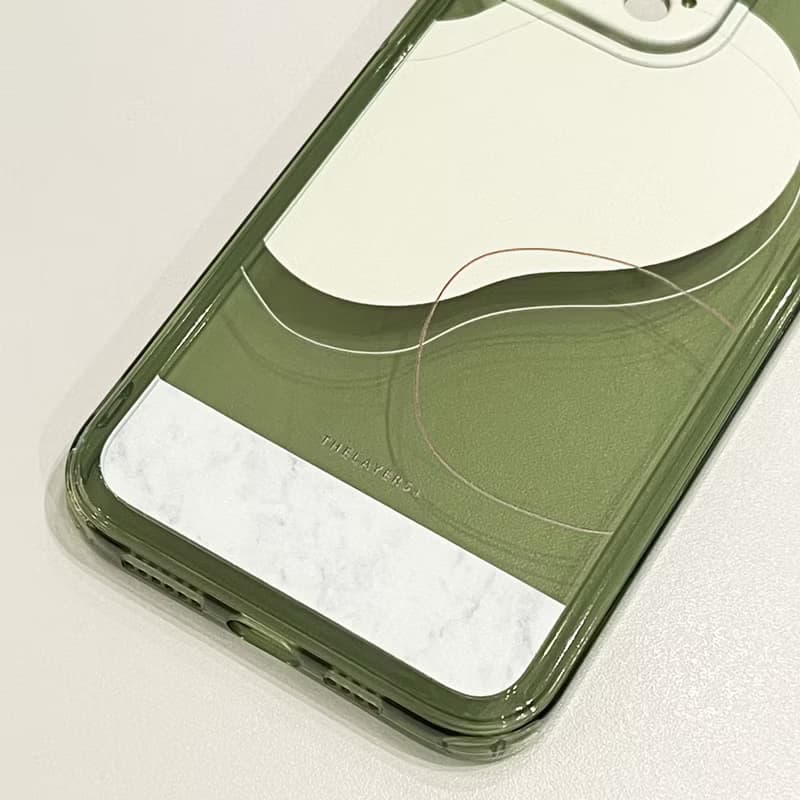 iPhone 15全包透明橄欖綠|抽象不規則粉黃色大理石圖案|防摔軟手