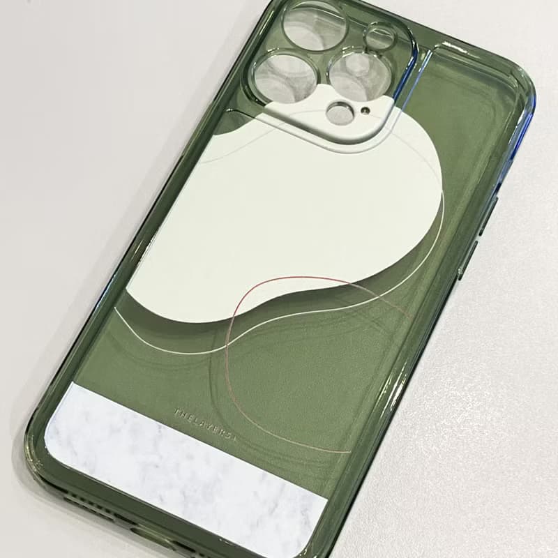 iPhone 15全包透明橄欖綠|抽象不規則粉黃色大理石圖案|防摔軟手