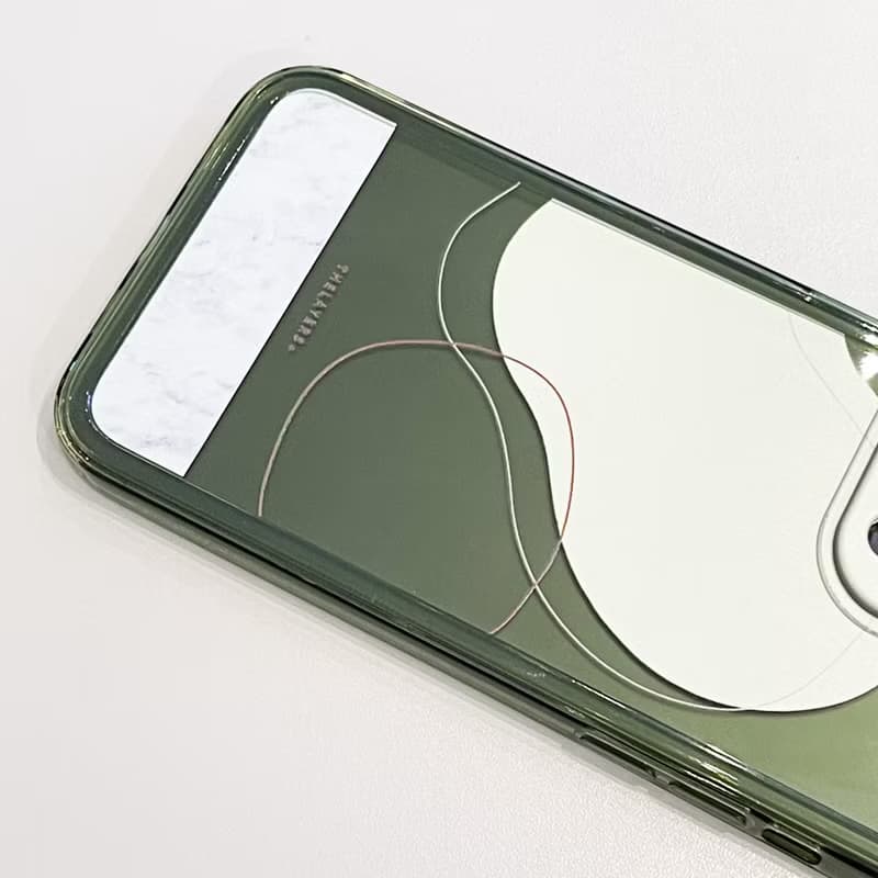 iPhone 15全包透明橄欖綠|抽象不規則粉黃色大理石圖案|防摔軟手