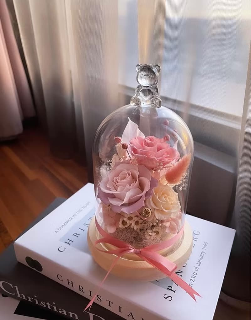 永生花-粉紅+粉紫 不凋花 玫瑰 夜燈 玻璃罩 生日送禮 情人節禮物