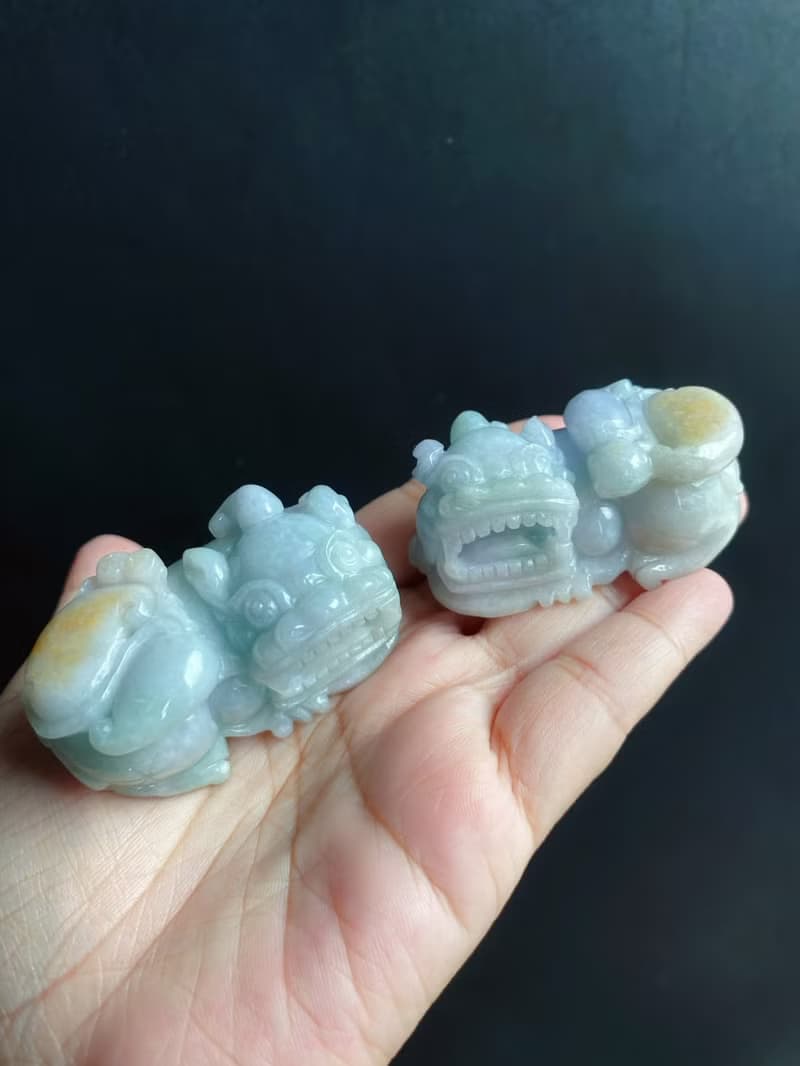 僅此一對 天然緬甸玉 黃翡 翡翠 大貔貅 公母成對 禮物 小擺件
