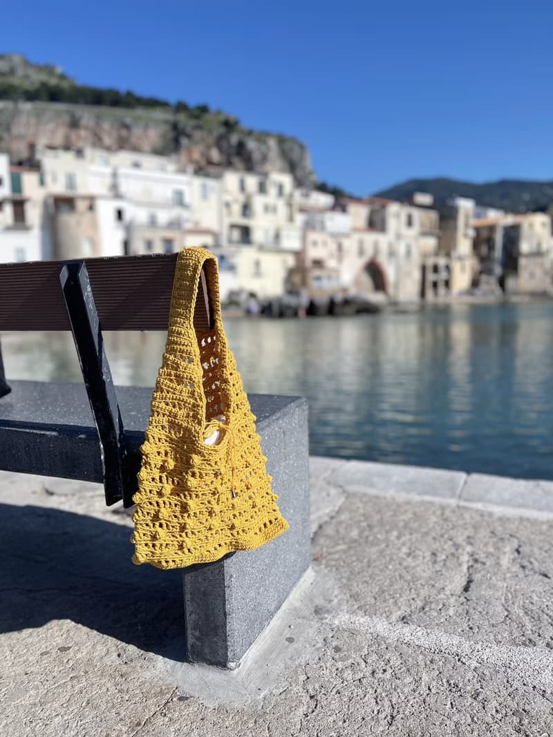 手工鉤織Marina 縷空袋手袋單肩包芥末黃色針織鈎織編織