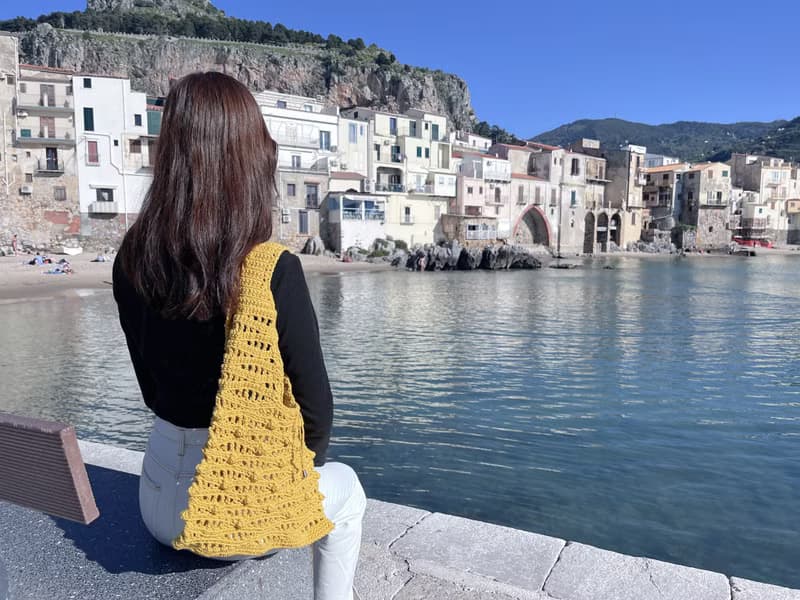 手工鉤織Marina 縷空袋手袋單肩包芥末黃色針織鈎織編織