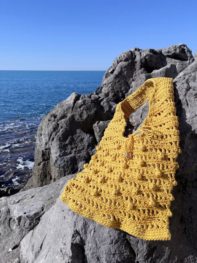 手工鉤織Marina 縷空袋手袋單肩包芥末黃色針織鈎織編織