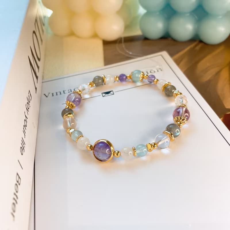 夜闌聽雨 紫超七 海藍寶 白水晶 月光石 灰月光 彈性水晶手鍊