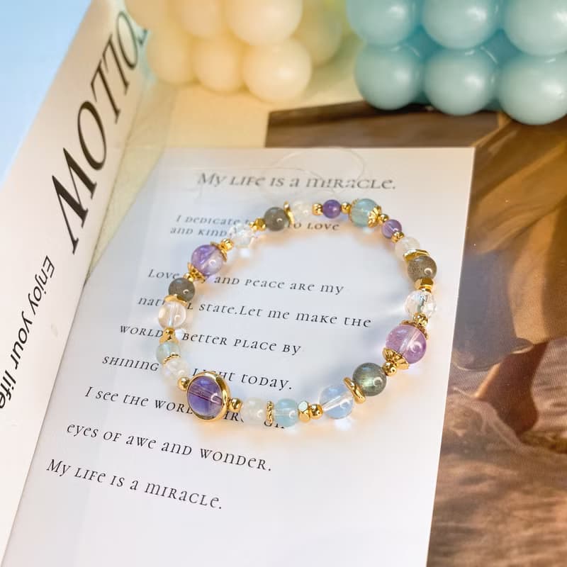 夜闌聽雨 紫超七 海藍寶 白水晶 月光石 灰月光 彈性水晶手鍊