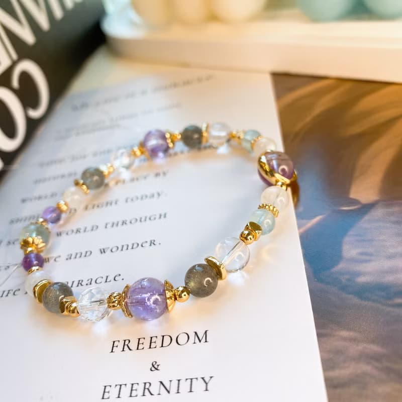 夜闌聽雨 紫超七 海藍寶 白水晶 月光石 灰月光 彈性水晶手鍊