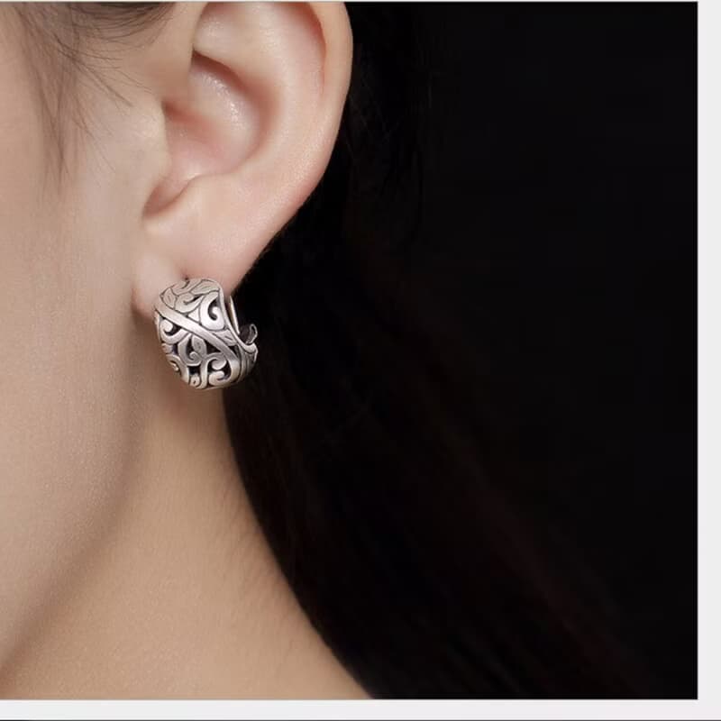 S 925 Sterling Silver Women Handmade Fine Jewelry Vintage Engraved Stud Earrings