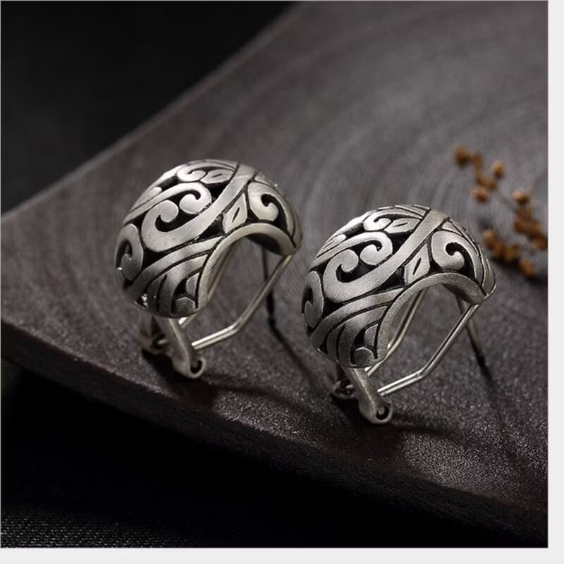 S 925 Sterling Silver Women Handmade Fine Jewelry Vintage Engraved Stud Earrings