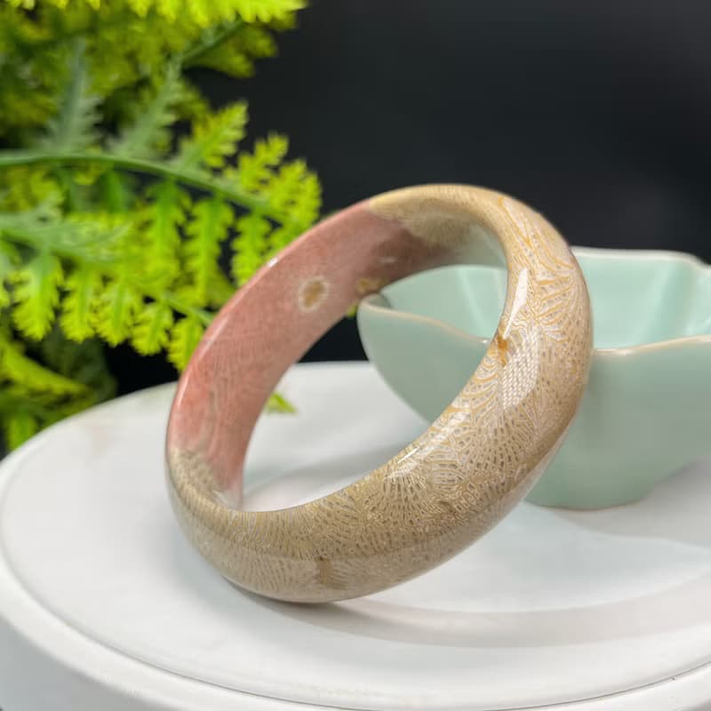 精品 珊瑚玉手鐲 57MM 冰潤多彩骨骼鳳尾紋 菊花玉手環 簡約優雅